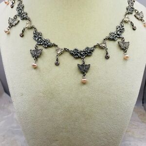 Vintage Silver Tone Floral Cluster Butterfly Necklace w/pink pearls & crystals